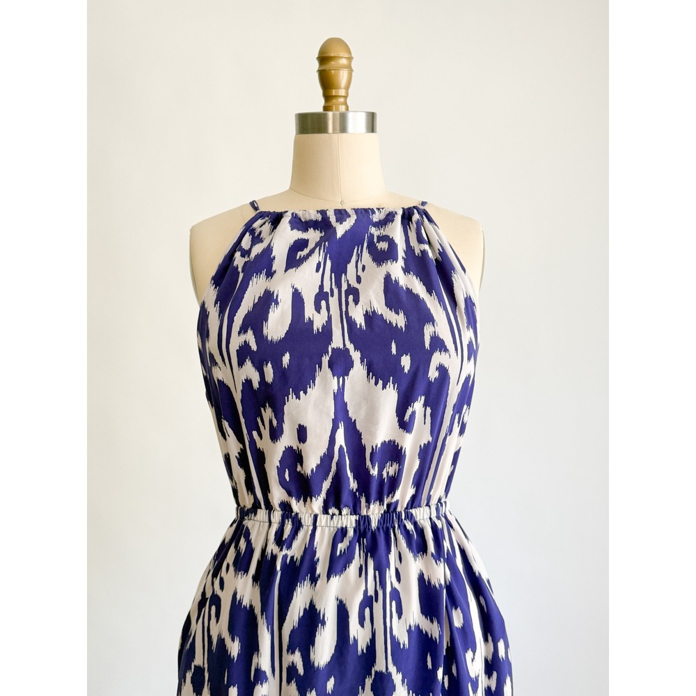 Bohemian Athleta Ikat Maxi Dress S Blue White Halter Tassel High Low Hem - Picture 2 of 9